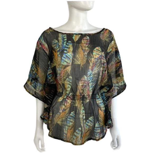 Myth NYC Sheer Feather Print Boho Style Blouse - Picture 1 of 6